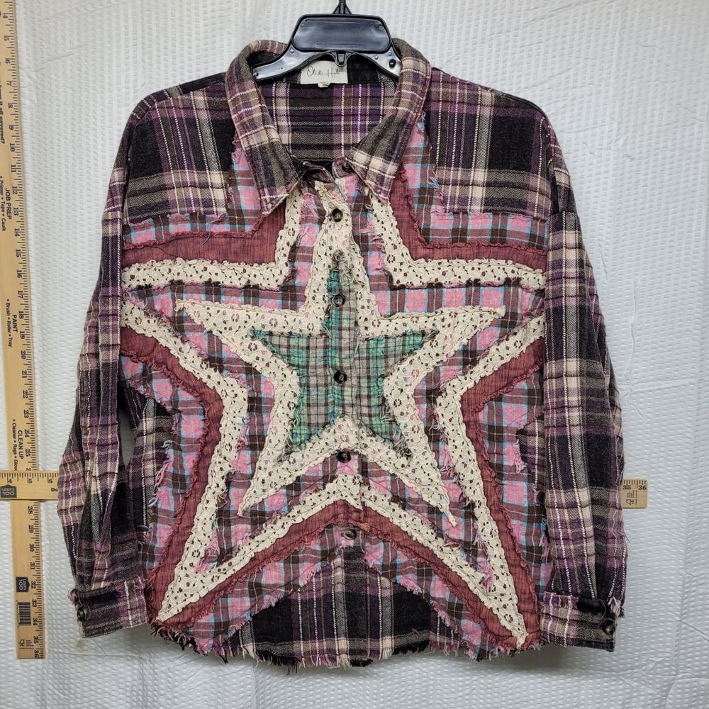 Oli & Hali Plaid Patchwork Star Flannel Shirt Purple Brown Boho Raw Hem Small